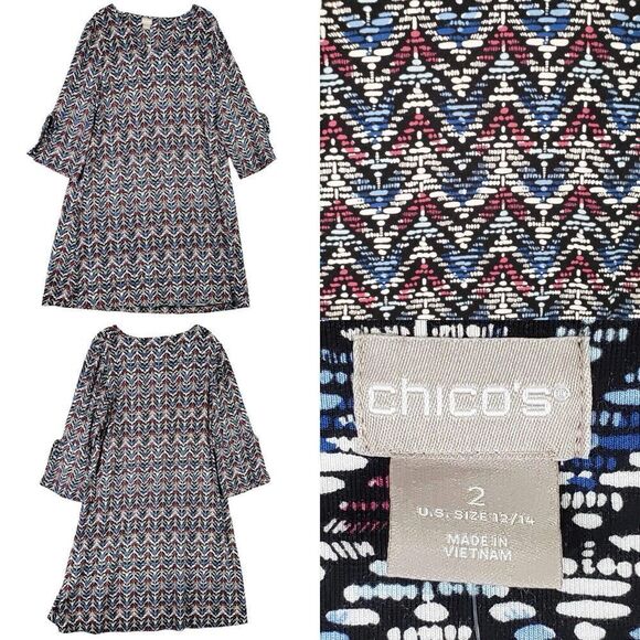 Chicos Shift Dress Women's Size 2 US L 12/14 Geometric LS Stretch Knit - Picture 1 of 11
